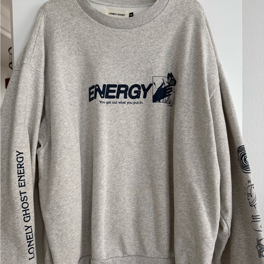 LONELY GHOST Grey Crewneck Sweatshirt with Navy 'ENERGY' Graphic